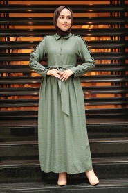 Neva Style - Kolları Fırfır Detaylı Haki Tesettür Elbise 3434HK - Thumbnail