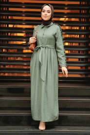 Neva Style - Kolları Fırfır Detaylı Haki Tesettür Elbise 3434HK - Thumbnail
