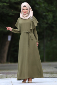 Neva Style - Kolları Fırfır Detaylı Haki Tesettür Elbise 41610HK - Thumbnail