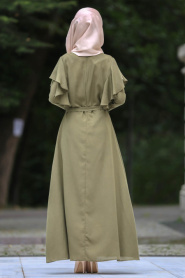 Neva Style - Kolları Fırfır Detaylı Haki Tesettür Elbise 41610HK - Thumbnail