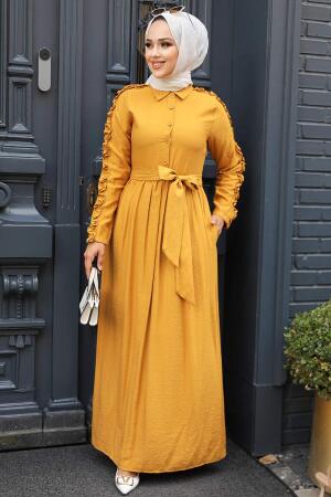 Neva Style - Kolları Fırfır Detaylı Hardal Tesettür Elbise 3434HR - 2