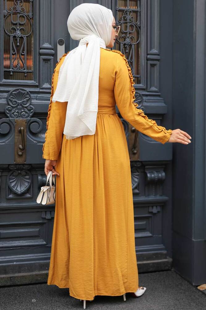 Neva Style - Kolları Fırfır Detaylı Hardal Tesettür Elbise 3434HR - 3