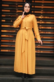 Neva Style - Kolları Fırfır Detaylı Hardal Tesettür Elbise 3434HR - Thumbnail