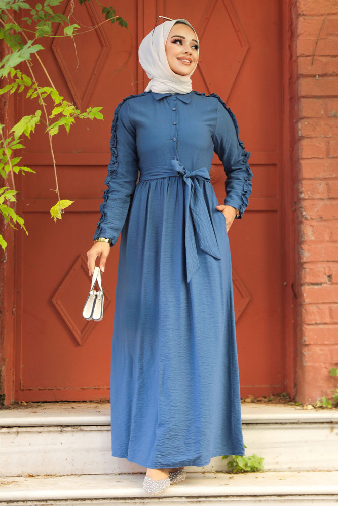 Neva Style - Kolları Fırfır Detaylı İndigo Mavisi Tesettür Elbise 3434IM - 1