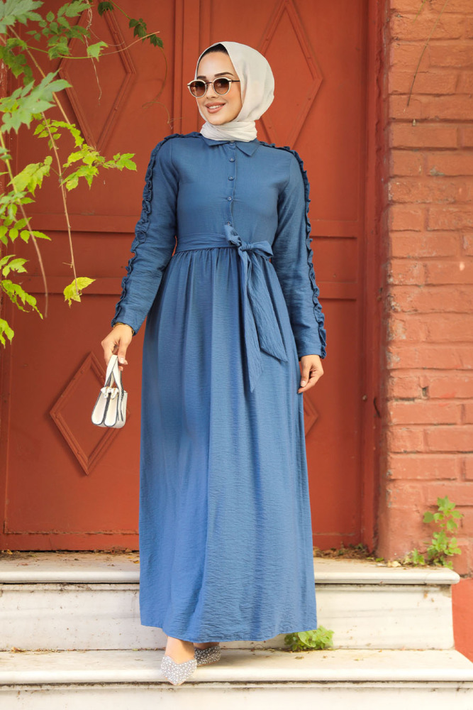 Neva Style - Kolları Fırfır Detaylı İndigo Mavisi Tesettür Elbise 3434IM - 3