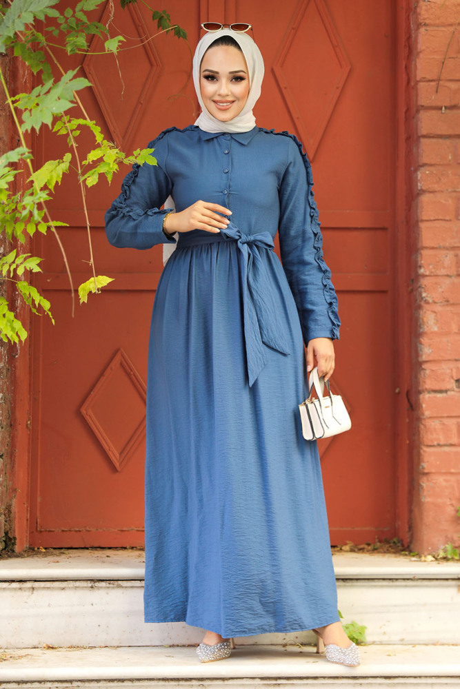 Neva Style - Kolları Fırfır Detaylı İndigo Mavisi Tesettür Elbise 3434IM - 2