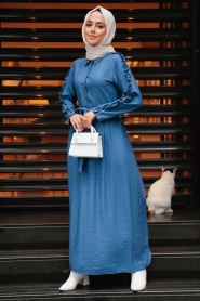 Neva Style - Kolları Fırfır Detaylı İndigo Mavisi Tesettür Elbise 3434IM - Thumbnail