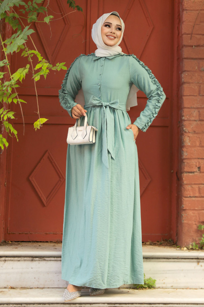 Neva Style - Kolları Fırfır Detaylı Mint Tesettür Elbise 3434MINT - 1