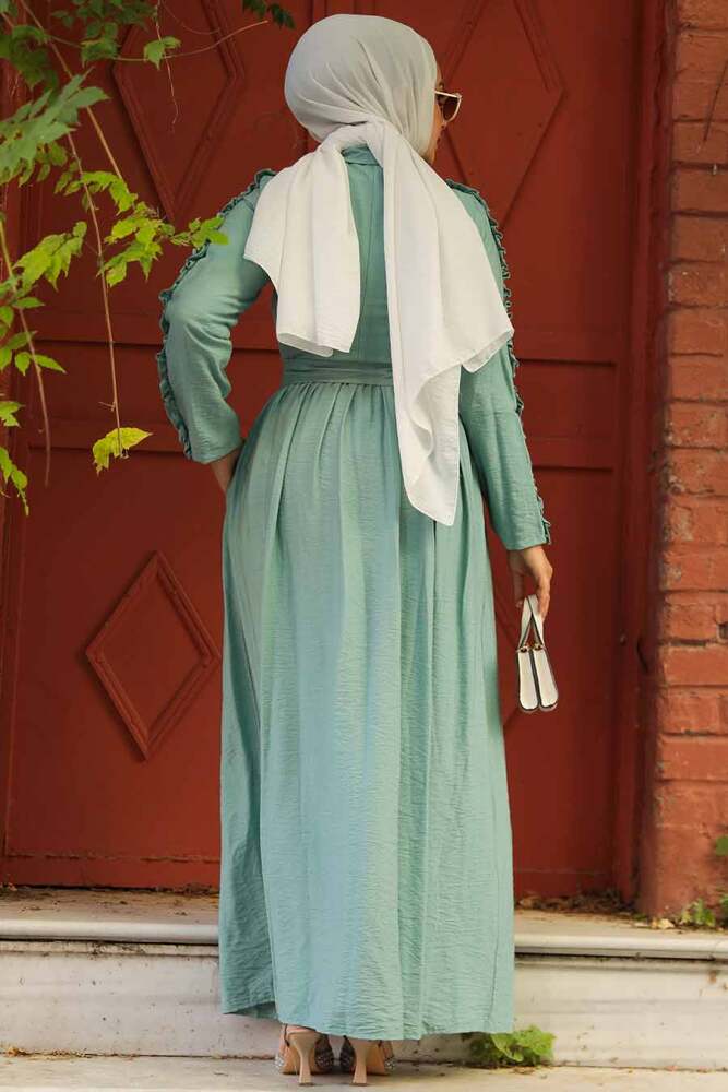 Neva Style - Kolları Fırfır Detaylı Mint Tesettür Elbise 3434MINT - 2