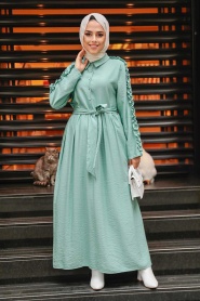 Neva Style - Kolları Fırfır Detaylı Mint Tesettür Elbise 3434MINT - Thumbnail