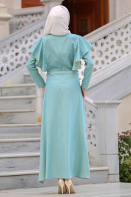Neva Style - Kolları Fırfır Detaylı Mint Tesettür Elbise 41610MINT - Thumbnail