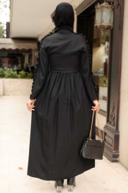 Neva Style - Kolları Fırfır Detaylı Siyah Tesettür Elbise 3434S - Thumbnail
