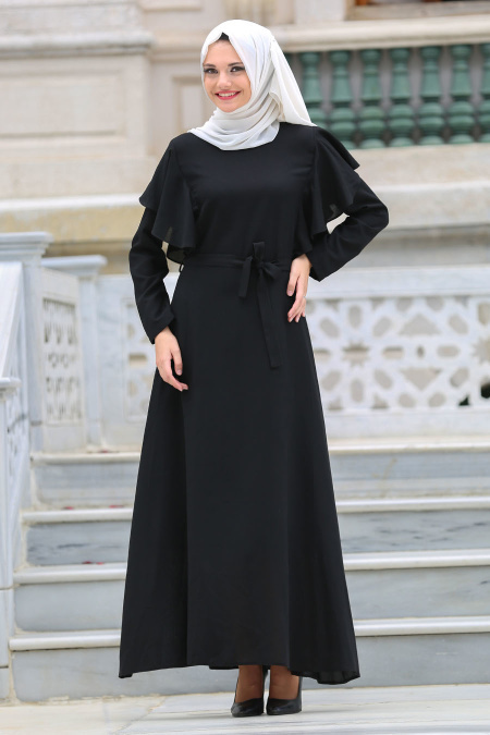 Neva Style - Kolları Fırfır Detaylı Siyah Tesettür Elbise 41610S