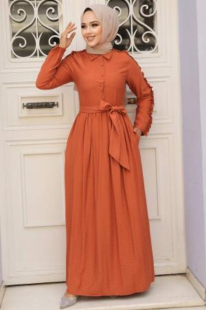 Neva Style - Kolları Fırfır Detaylı Turuncu Tesettür Elbise 3434T - 1