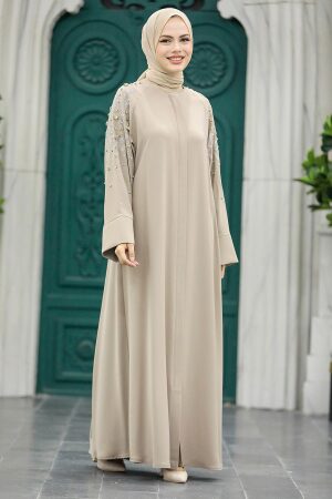  Kolları İşlemeli Bej Tesettür Abaya 355300BEJ - 3