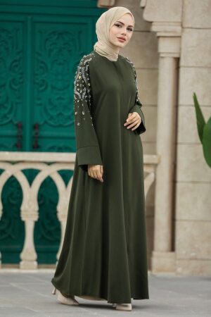  Kolları İşlemeli Haki Tesettür Abaya 355300HK - 3