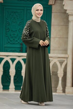  Kolları İşlemeli Haki Tesettür Abaya 355300HK - 2