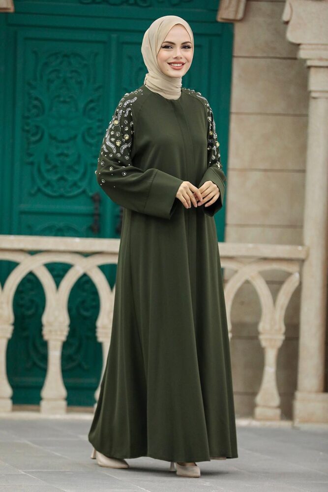  Kolları İşlemeli Haki Tesettür Abaya 355300HK - 2