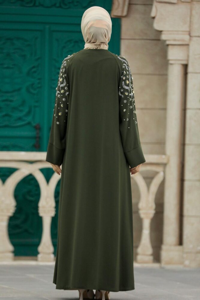  Kolları İşlemeli Haki Tesettür Abaya 355300HK - 4