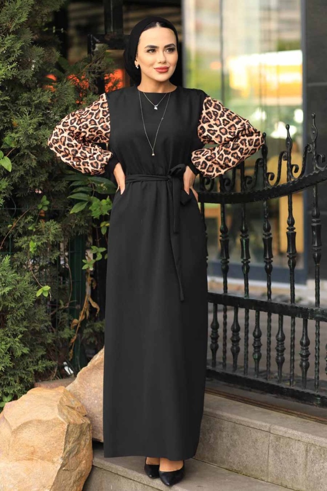 Neva Style - Kolları Leopar Siyah Tesettür Elbise 4596S - 1