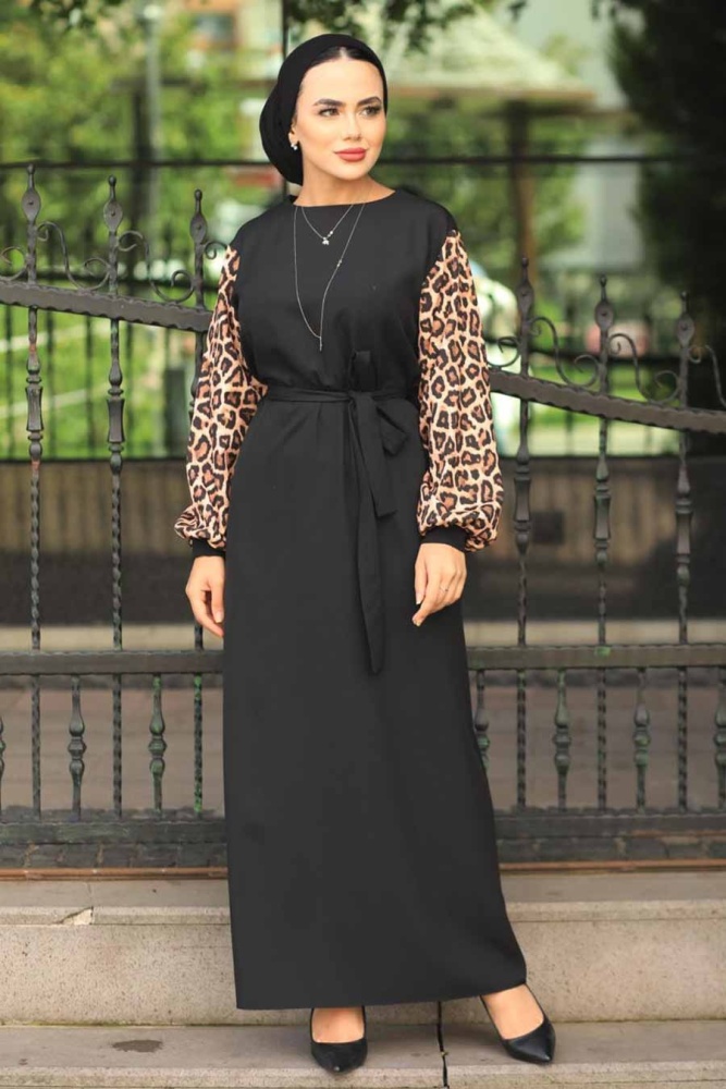 Neva Style - Kolları Leopar Siyah Tesettür Elbise 4596S - 2
