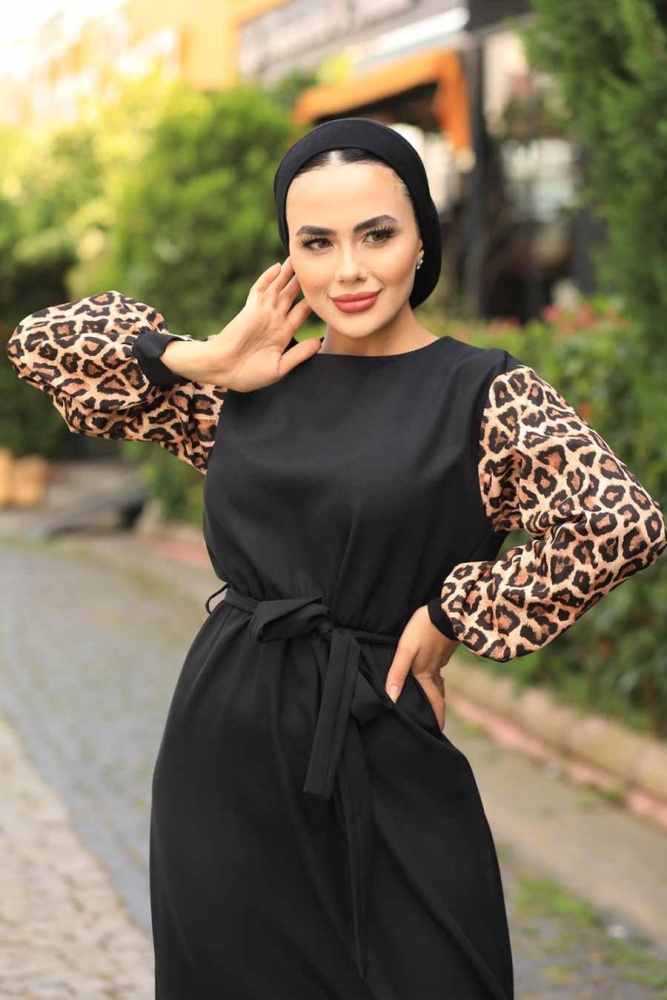 Neva Style - Kolları Leopar Siyah Tesettür Elbise 4596S - 4