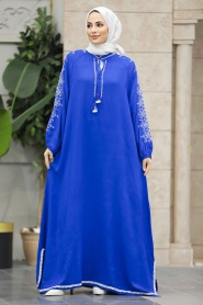 Neva Style - Kolları Nakış Desenli Sax Mavisi Tesettür Elbise 40050SX - Thumbnail