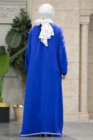 Neva Style - Kolları Nakış Desenli Sax Mavisi Tesettür Elbise 40050SX - Thumbnail
