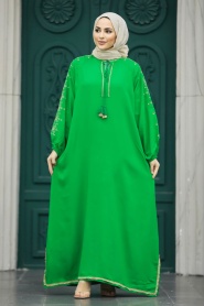 Neva Style - Kolları Nakış Desenli Yeşil Tesettür Elbise 40050Y - Thumbnail