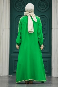 Neva Style - Kolları Nakış Desenli Yeşil Tesettür Elbise 40050Y - Thumbnail