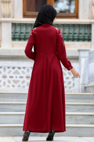 Neva Style - Kolları Nakışlı Bordo Tesettür Elbise 41730BR - Thumbnail