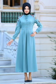 Neva Style - Kolları Nakışlı Çağla Yeşili Tesettür Elbise 41730CY - Thumbnail