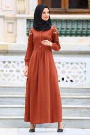 Neva Style - Kolları Nakışlı Kiremit Tesettür Elbise 41730KRMT - Thumbnail