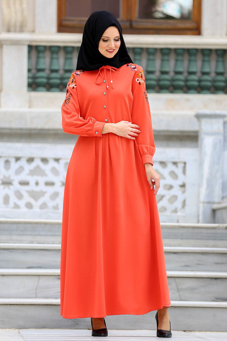 Neva Style - Kolları Nakışlı Turuncu Tesettür Elbise 41730T