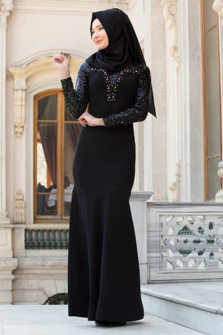 Neva Style - Kolları Payet Detaylı Siyah Tesettür Abiye Elbise 10055S