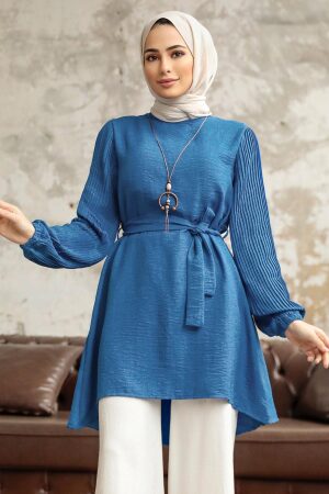 Neva Style - Kolları Pileli İndigo Mavisi Tesettür Tunik 41221IM - 1