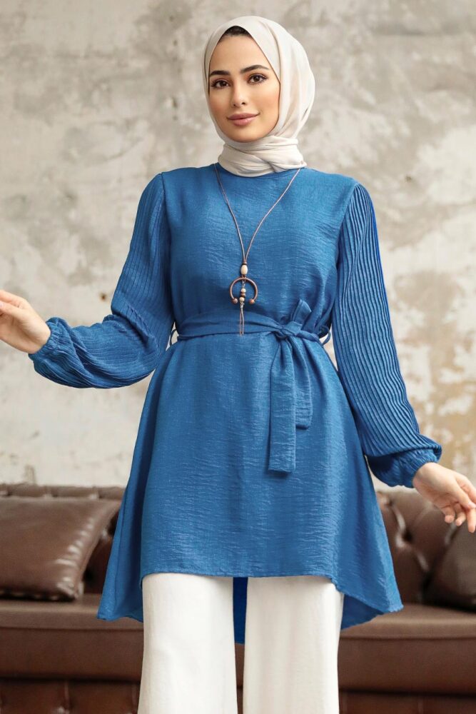Neva Style - Kolları Pileli İndigo Mavisi Tesettür Tunik 41221IM - 1