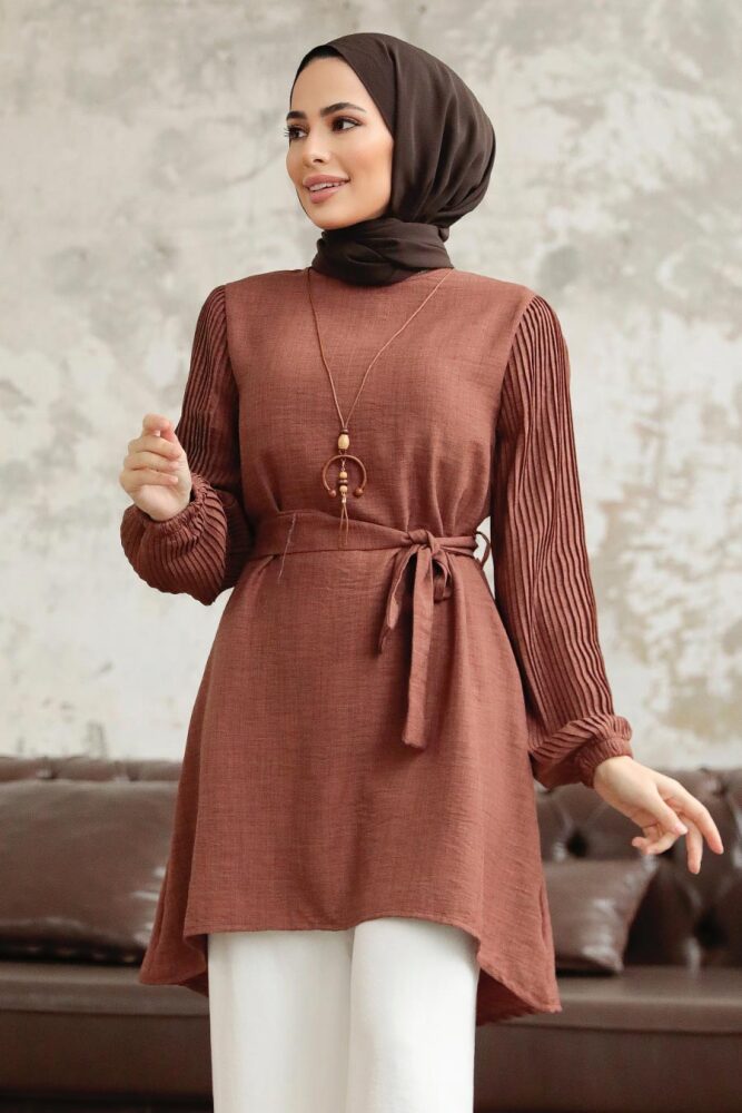 Neva Style - Kolları Pileli Kahverengi Tesettür Tunik 41221KH - 1