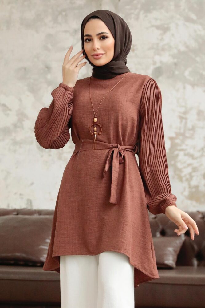 Neva Style - Kolları Pileli Kahverengi Tesettür Tunik 41221KH - 2