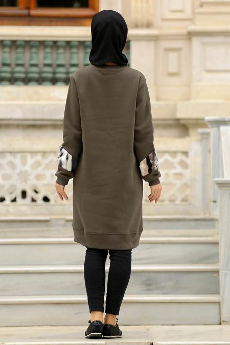 Neva Style - Kolları Tüylü Haki Tesettür Sweatshirt 1544HK - 2