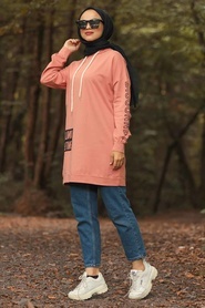 Neva Style - Kolları Yazılı Somon Tesettür Sweatshirt & Tunik 1050SMN - Thumbnail