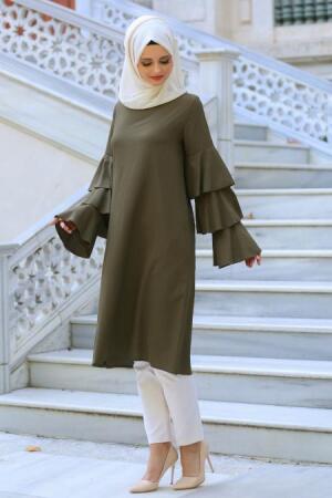 Neva Style - Kolu Fırfırlı Haki Tesettür Tunik 52220HK - 1