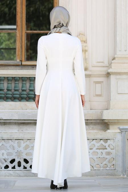 Neva Style - Kolye Detaylı Beyaz Tesettür Abiye Elbise 41470B - 3