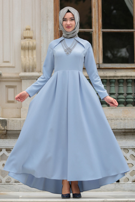 Neva Style - Kolye Detaylı Buz Mavisi Tesettür Abiye Elbise 41470BM