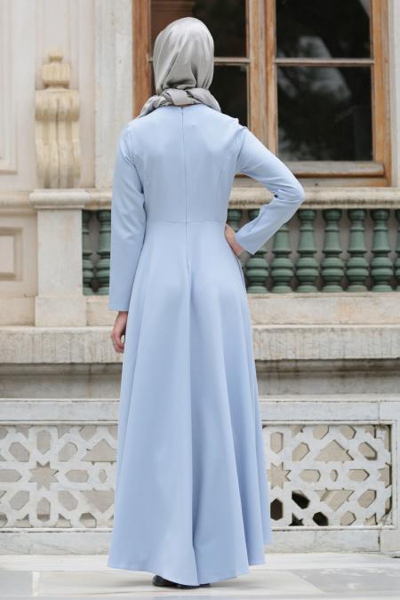 Neva Style - Kolye Detaylı Buz Mavisi Tesettür Abiye Elbise 41470BM - 3