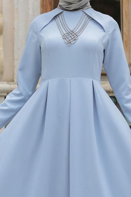 Neva Style - Kolye Detaylı Buz Mavisi Tesettür Abiye Elbise 41470BM - 4