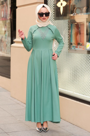 Neva Style - Kolye Detaylı Çağla Yeşili Tesettür Abiye Elbise 41470CY - Thumbnail