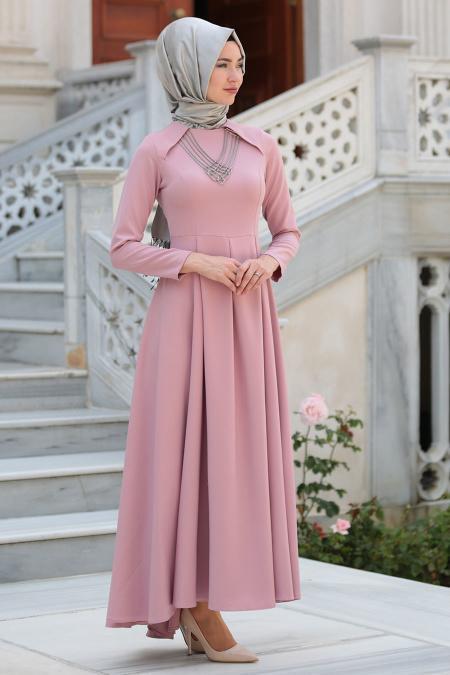 Neva Style - Kolye Detaylı Gül Kurusu Tesettür Abiye Elbise 41470GK - 2