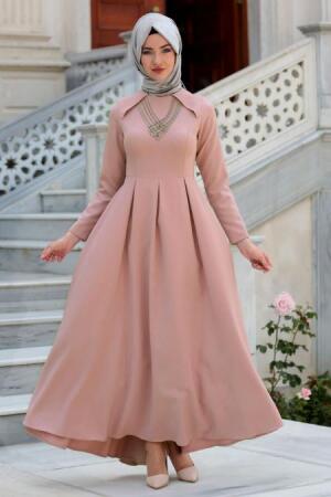 Neva Style - Kolye Detaylı Gül Kurusu Tesettür Abiye Elbise 41471GK - 1