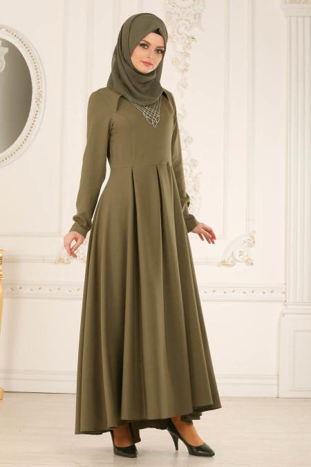 Neva Style - Kolye Detaylı Haki Tesettür Abiye Elbise 41470HK - 2